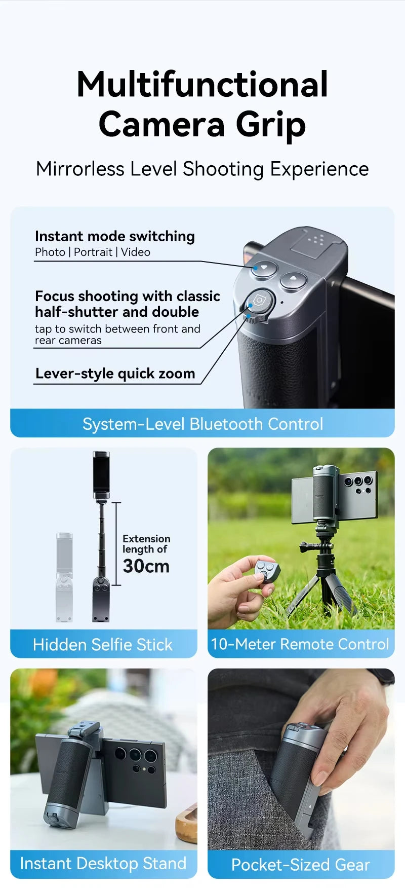 Phone Camera Grip with Bluetooth, Hidden Selfie Stick Stand Multi-Mode Control Universal Fit for iPhone/Android - Vlog Essential