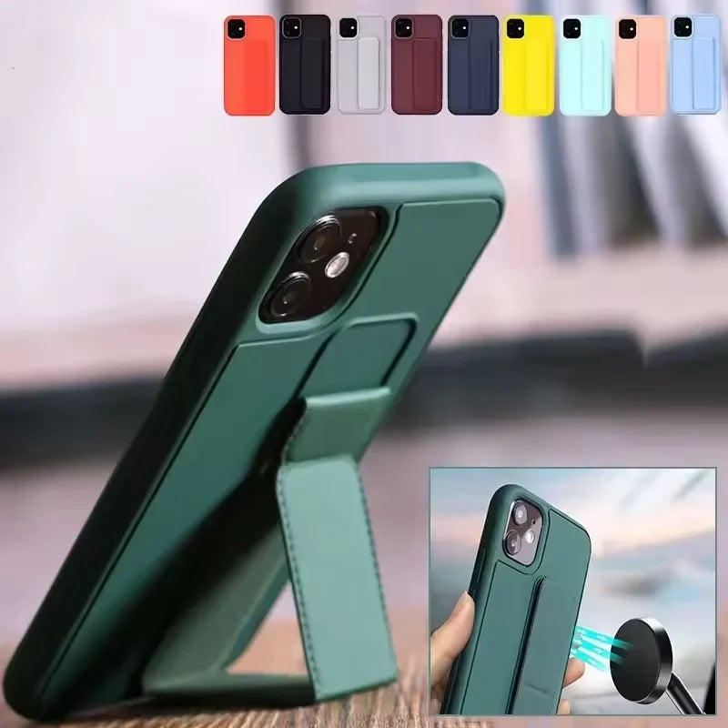 Wrist Strap Foldable Holder Phone Case for iPhone 16 15 14 6 7 8 Plus 13 12 11 Pro XS Max X XR SE Drop Resistant Hard PC Cover
