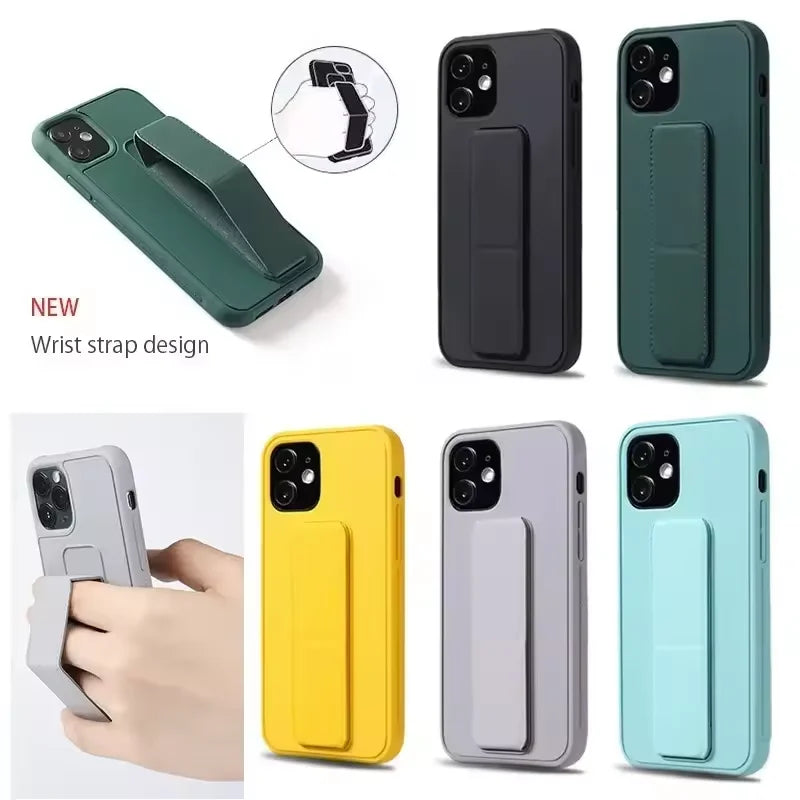 Wrist Strap Foldable Holder Phone Case for iPhone 16 15 14 6 7 8 Plus 13 12 11 Pro XS Max X XR SE Drop Resistant Hard PC Cover