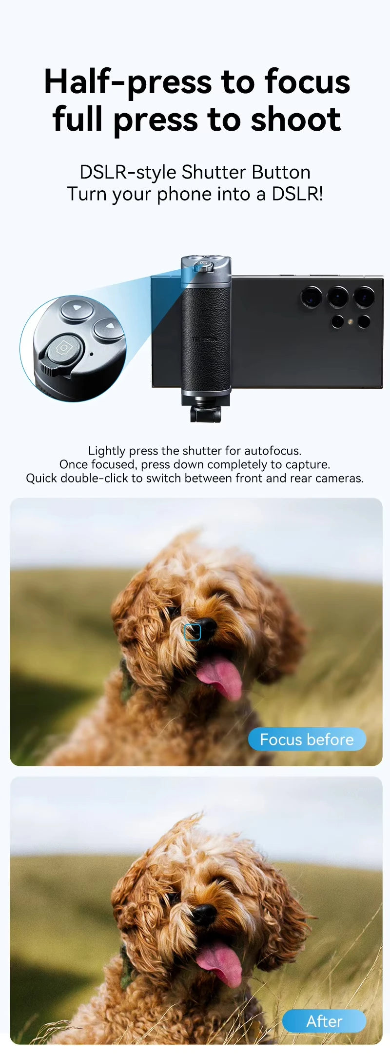 Phone Camera Grip with Bluetooth, Hidden Selfie Stick Stand Multi-Mode Control Universal Fit for iPhone/Android - Vlog Essential